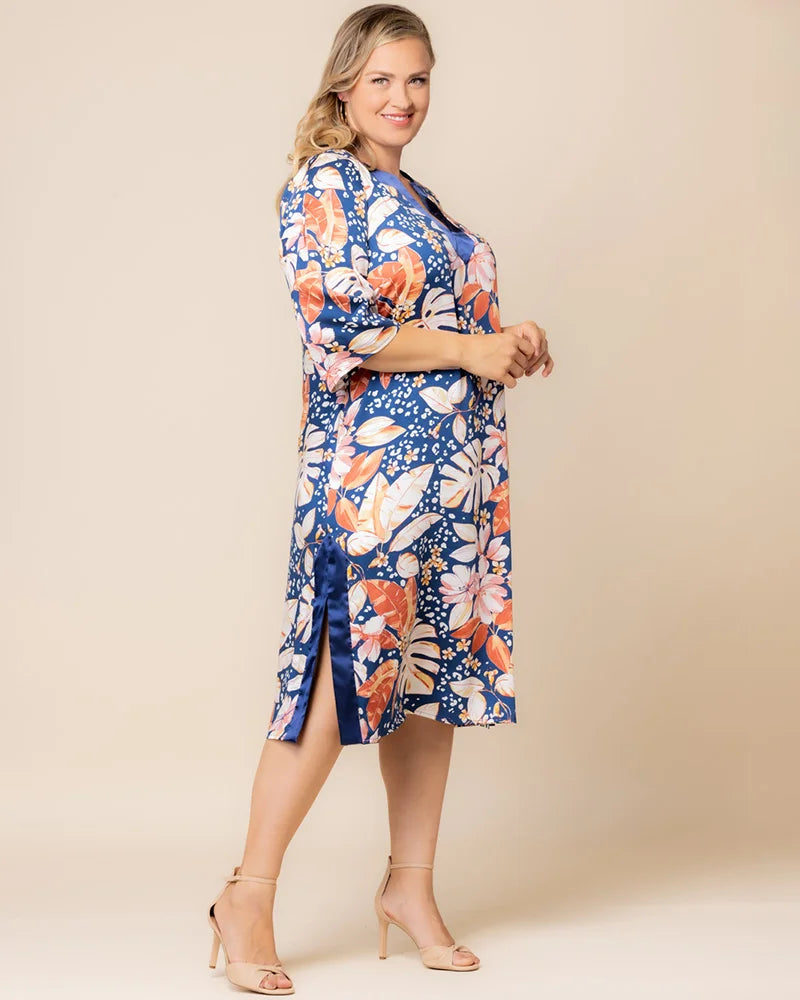 Tropical Print V-Neck Midi Floral Casual Dress Plus Size Shift Dress with Pockets Kiyonna 12262501
