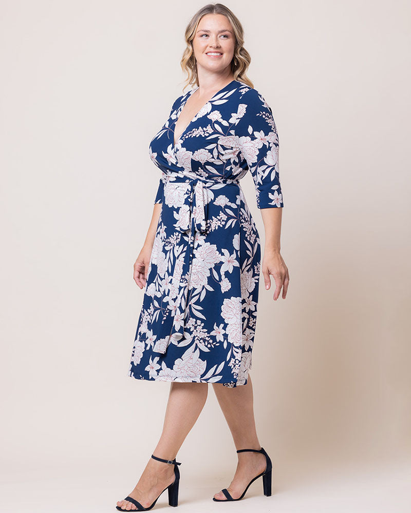 Plus Size Dresses Short Fitted Print Midi Cocktail Dress Navy Lily Peony Print