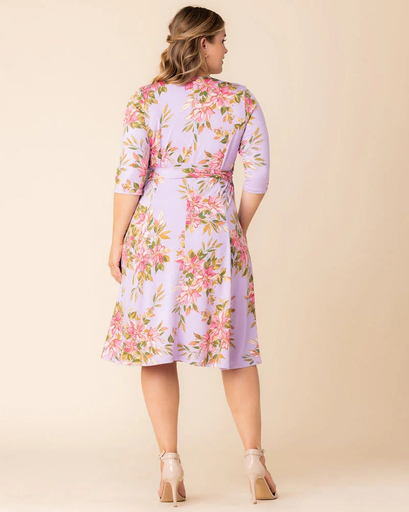 Plus Size Dresses Short Fitted Print Midi Cocktail Dress Lilac Romantic Florals