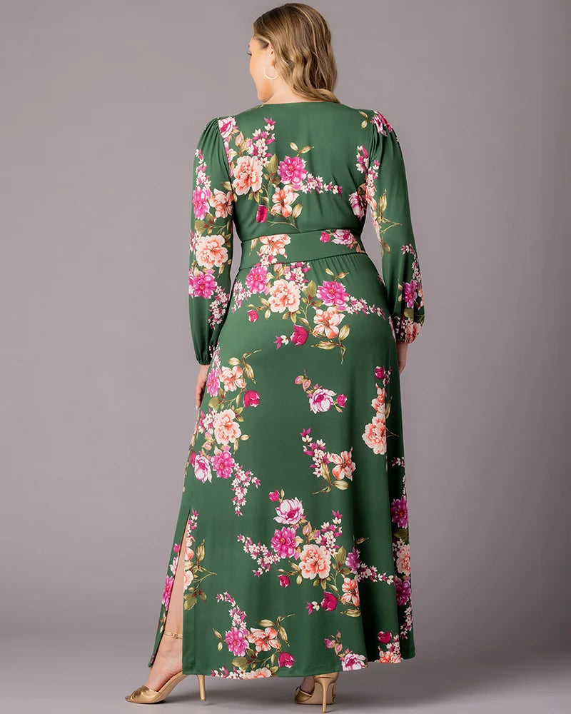 Plus Size Dresses Long Sleeve Tea Length Short Cocktail Dress Green Floral Print