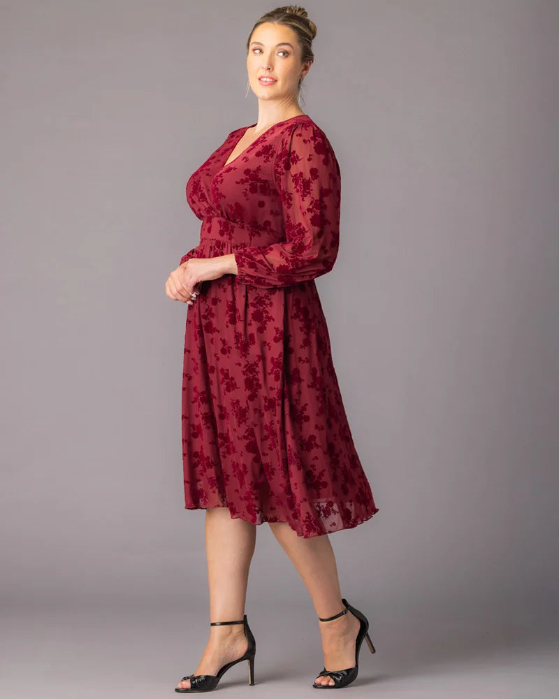 Plus Size Dresses Short Floral Midi Cocktail Plus Size Dress Kiyonna 17253601 Bordeaux Flocked Florals