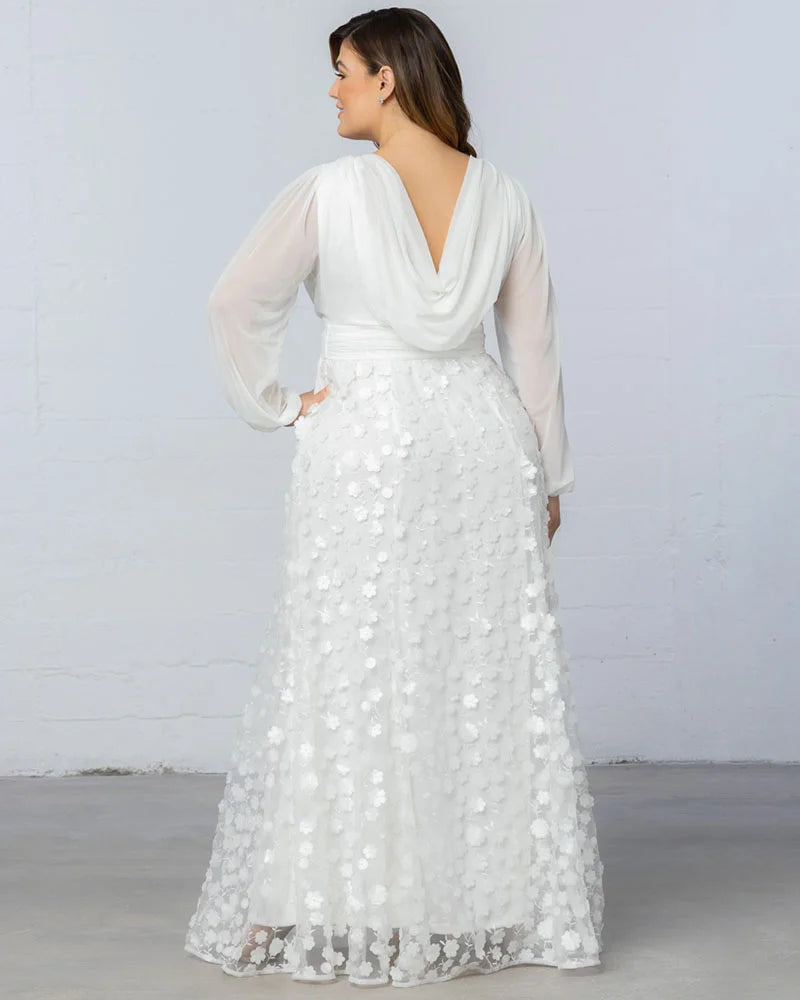 Wedding Dresses Long Sleeve 3D Floral A Line Plus Size Wedding Dress Kiyonna 19233607 Ivory Blossoms