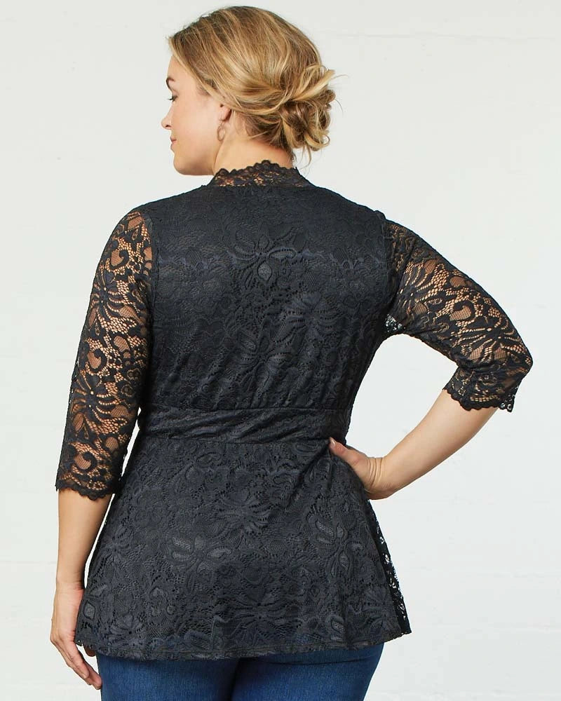 V-Neck 3/4 Sleeve Lace Fit & Flare Plus Size Top Kiyonna KY21120905