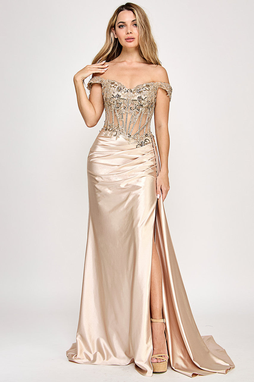 Prom Dresses Fitted Formal Long Prom Evening Beaded Dress Lenovia 8360 Champagne