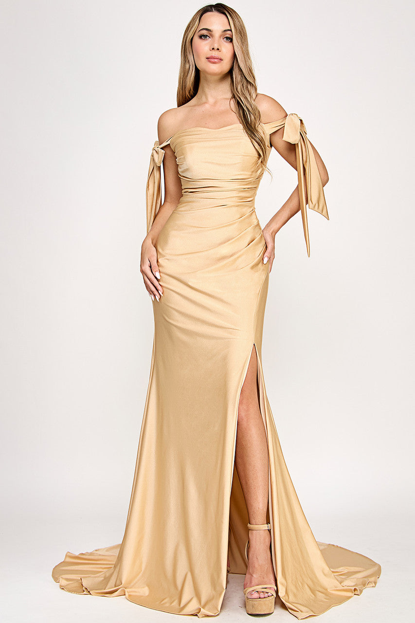 Prom Dresses Long Fitted Pleated Formal Dress Lenovia 8358 Champagne