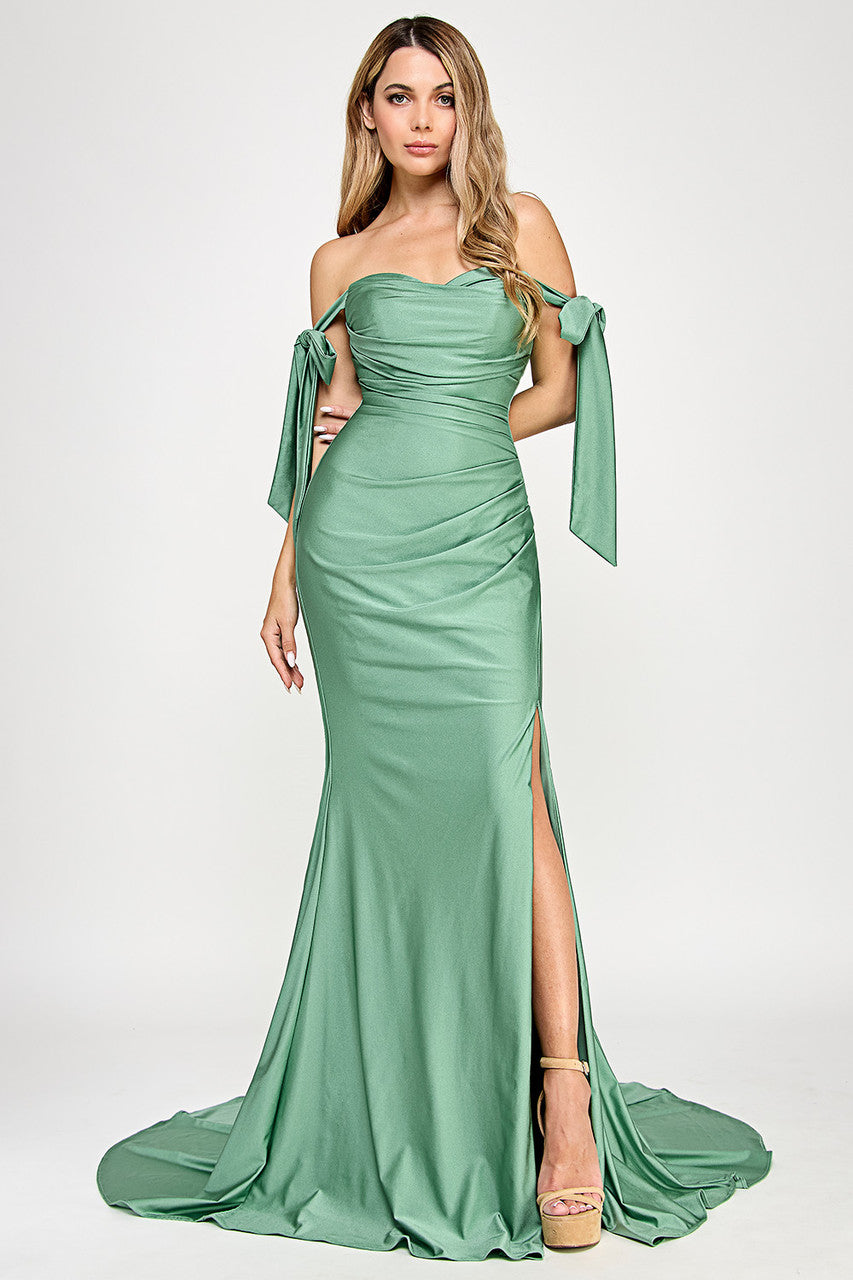 Prom Dresses Long Fitted Pleated Formal Dress Lenovia 8358 Sage
