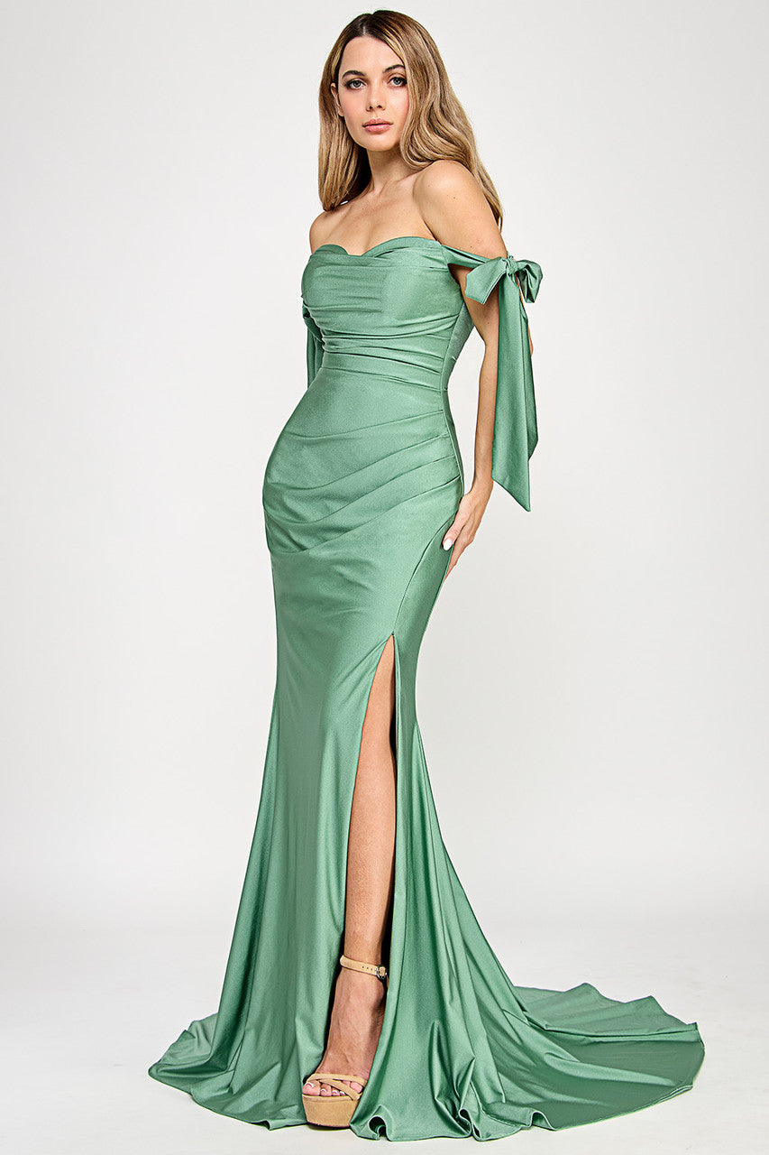 Prom Dresses Long Fitted Pleated Formal Dress Lenovia 8358 Sage