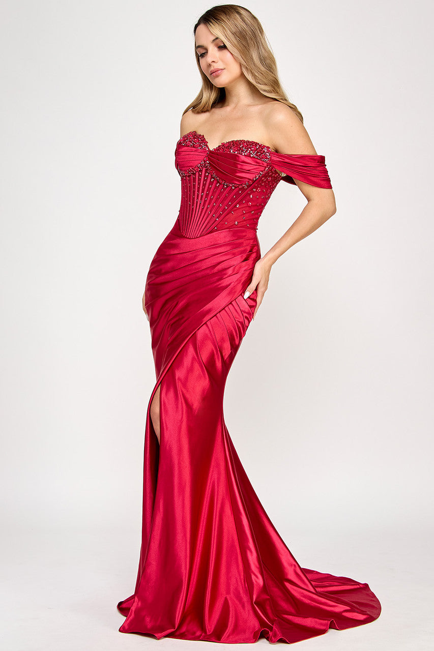 Prom Dresses Long Formal Prom Fitted Beaded Corset Dress Lenovia 8403 Red