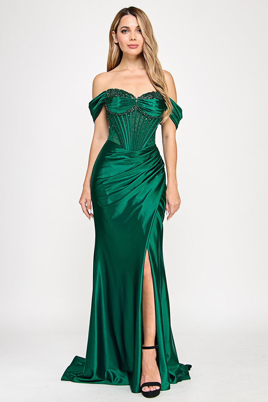 Prom Dresses Long Formal Prom Fitted Beaded Corset Dress Lenovia 8403 Hunter Green
