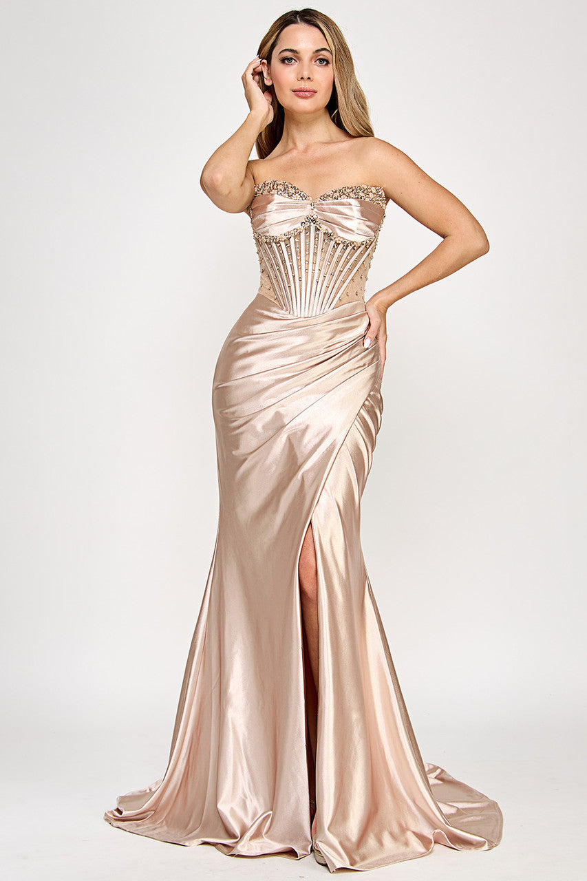 Prom Dresses Long Formal Prom Fitted Beaded Corset Dress Lenovia 8403 Champagne
