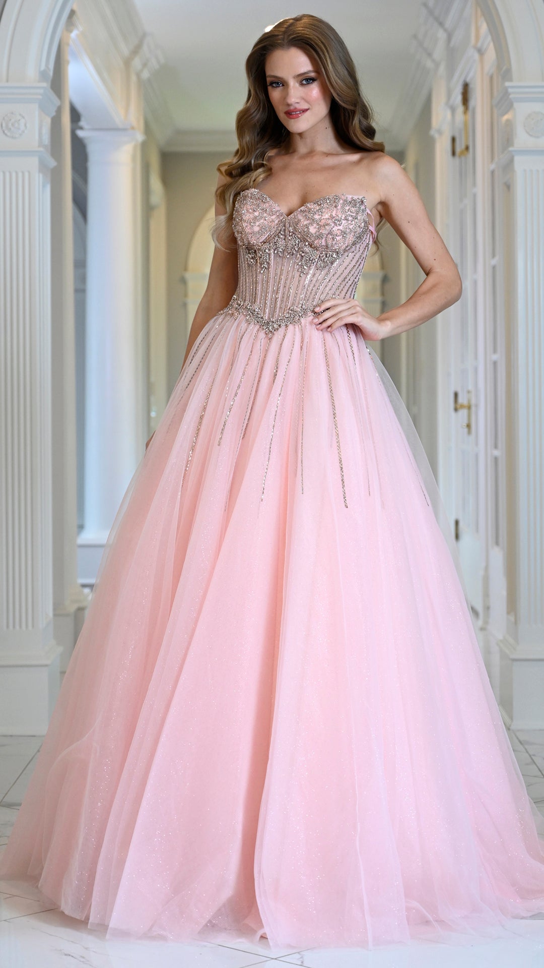 Strapless Curved Neck Floor-Length Tulle Formal Ball Gown Colors 4004