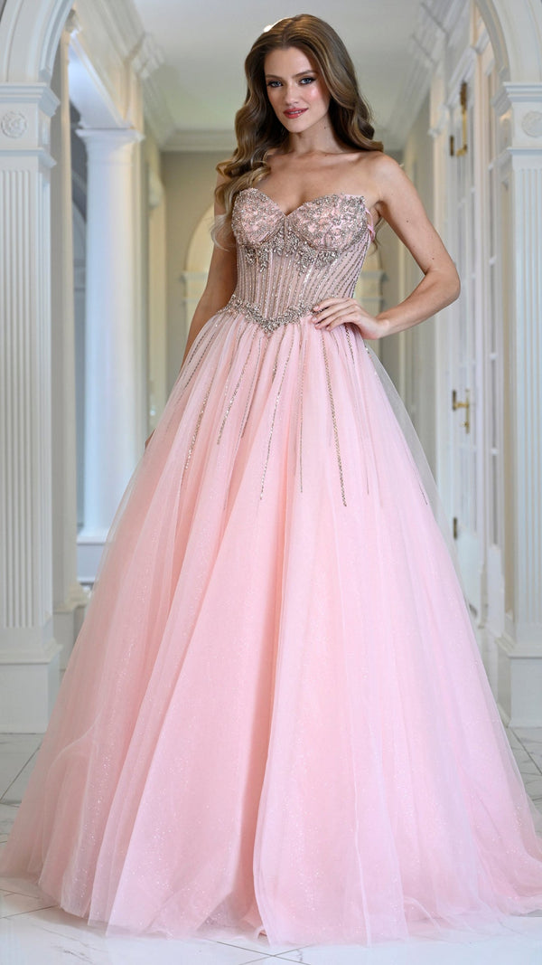 Strapless Curved Neck Floor-Length Tulle Formal Ball Gown Colors 4004