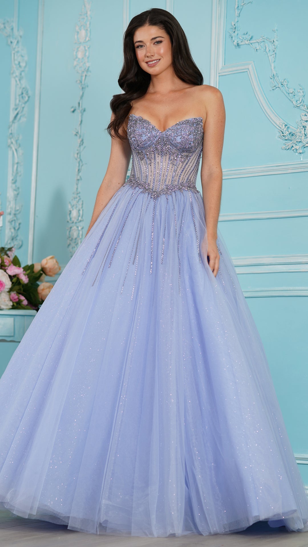Strapless Curved Neck Floor-Length Tulle Formal Ball Gown Colors 4004