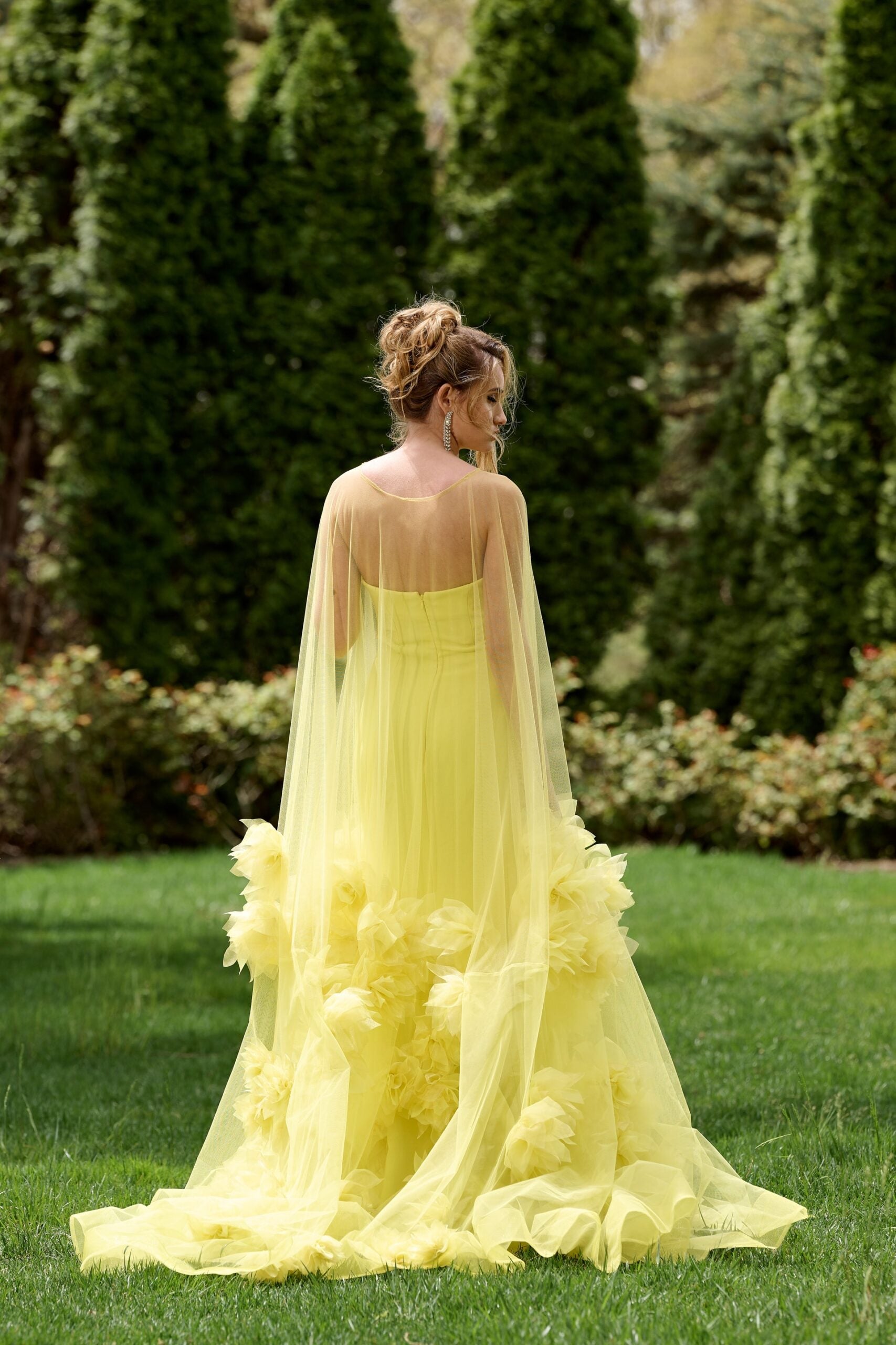 Yellow Jovani 40092 Long Formal Floral Applique Cape Prom Dress