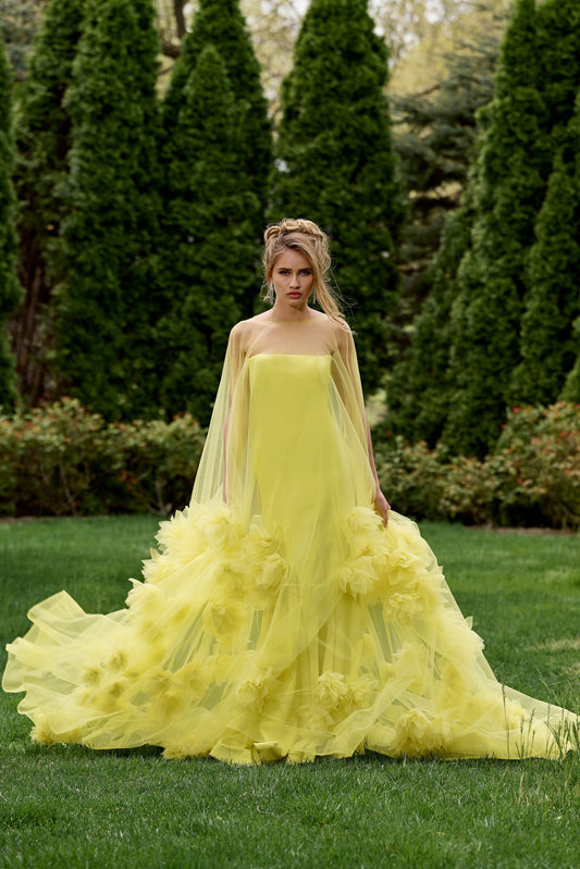 Prom Dresses Long Formal Floral Applique Cape Prom Dress Yellow
