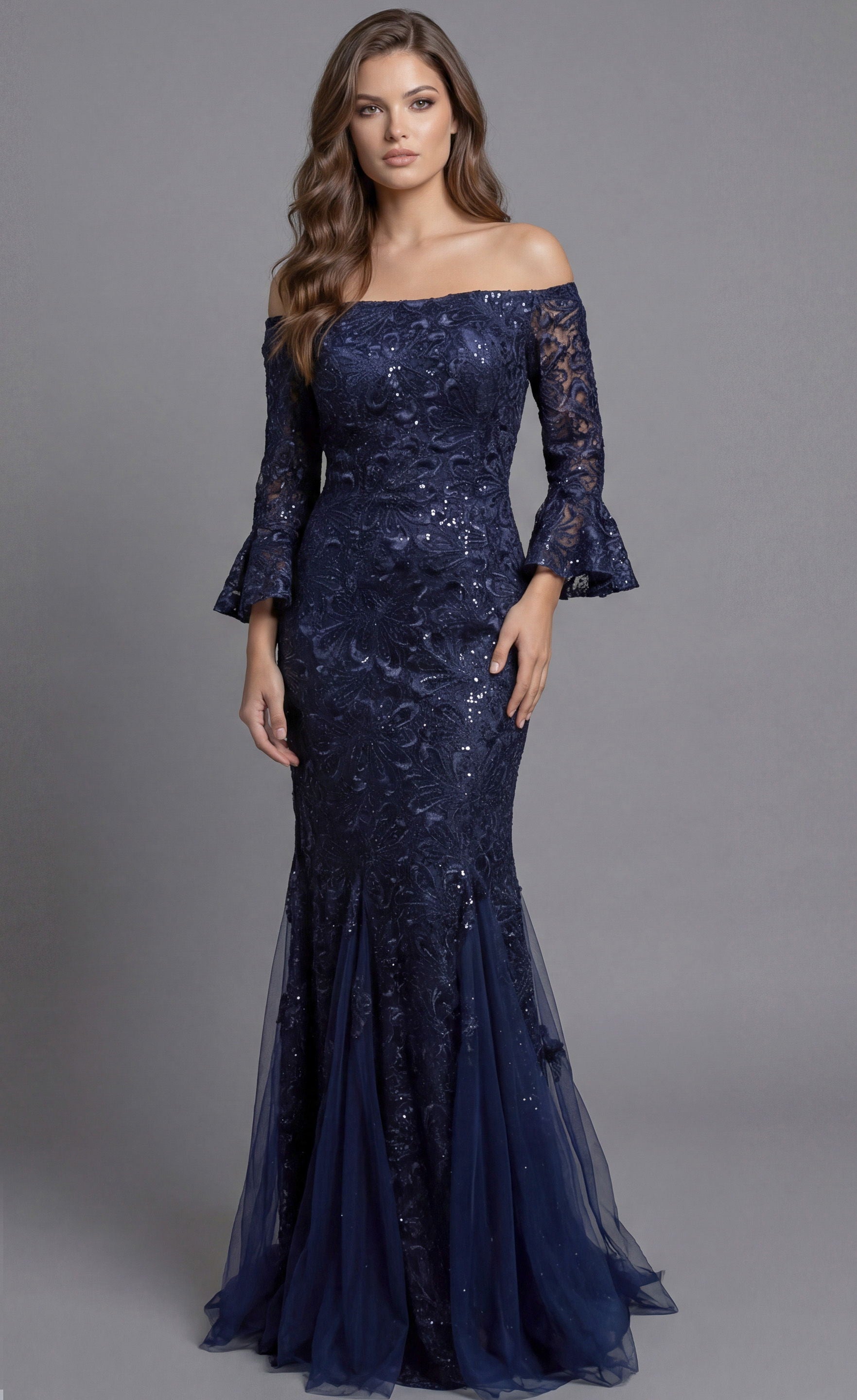 Prom Dresses Long Formal Lace Mermaid Floral Sequin Prom Dress Jovani 40155 Navy