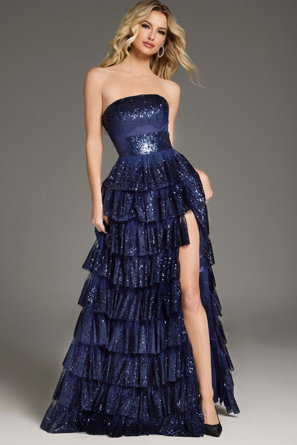 Prom Dresses Prom Sequined Long Tiered Formal Dress Navy