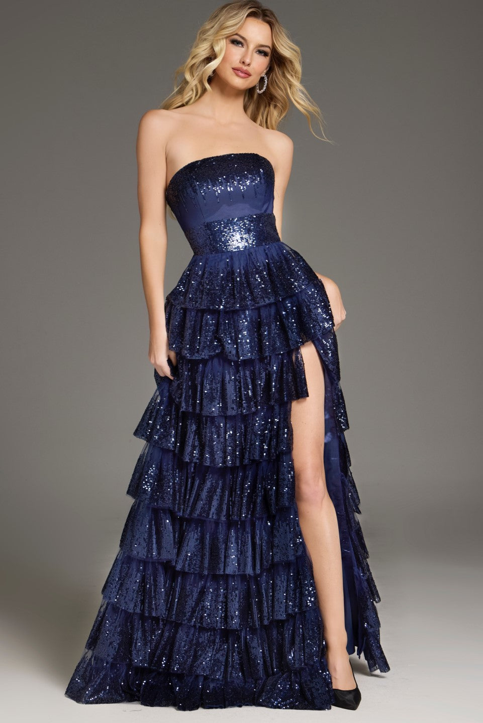 Elegant Navy Tiered Ruffle Prom Dress | Jovani 40199 Navy / 14 Elegant Navy Tiered Ruffle Prom Dress | Jovani 40199 Navy / 14