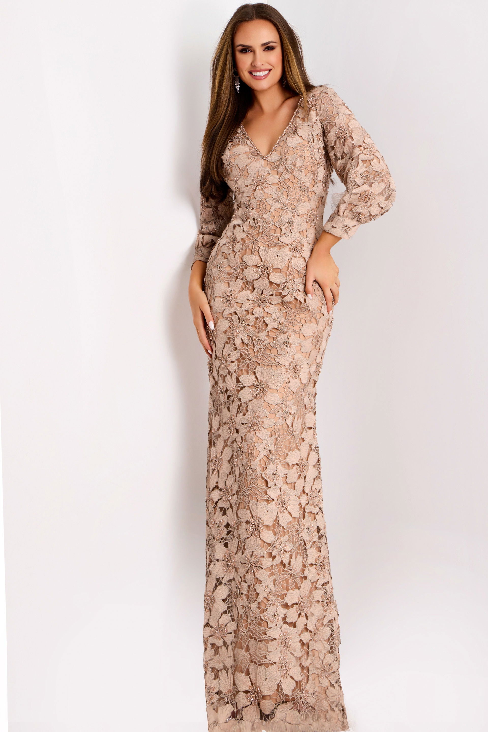 Mother of the Bride Dresses Long Floral Lace Formal Mother of the Bride Dress Jovani 40210 Beige