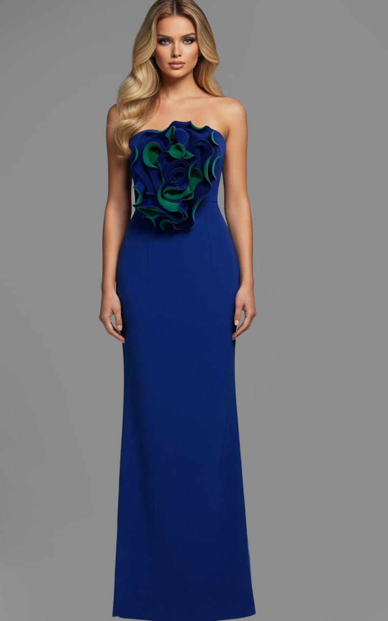 Royal/Green Strapless Floor-Length Satin Prom Gown with Flower Detail Formal Dress Jovani 40214
