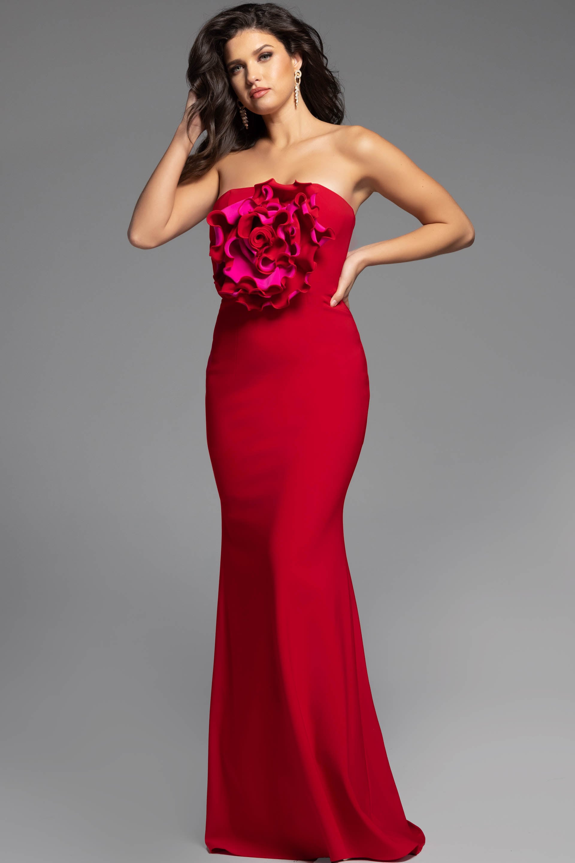 Red/Fuchsia Strapless Floor-Length Satin Prom Gown with Flower Detail Formal Dress Jovani 40214