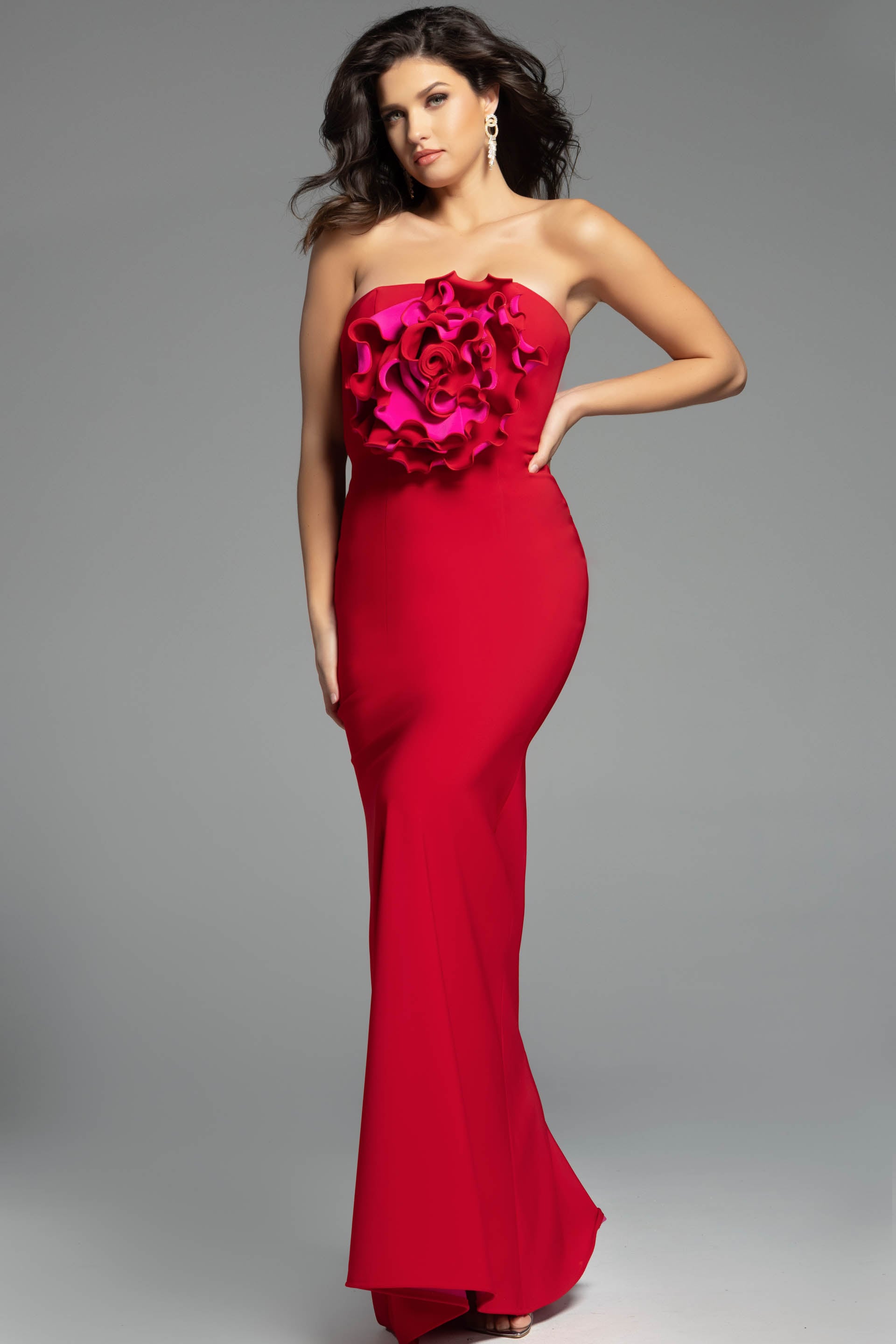 Red/Fuchsia Strapless Floor-Length Satin Prom Gown with Flower Detail Formal Dress Jovani 40214
