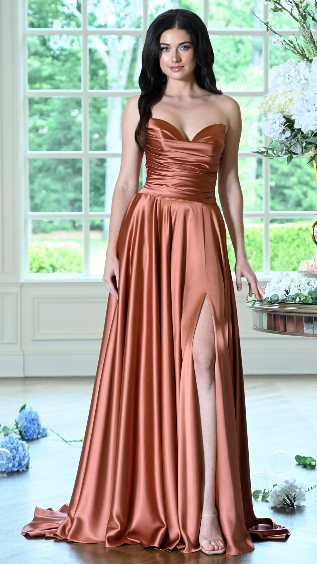 Strapless Curved Neck Floor-Length Satin Occasion A-Line Colors 4026