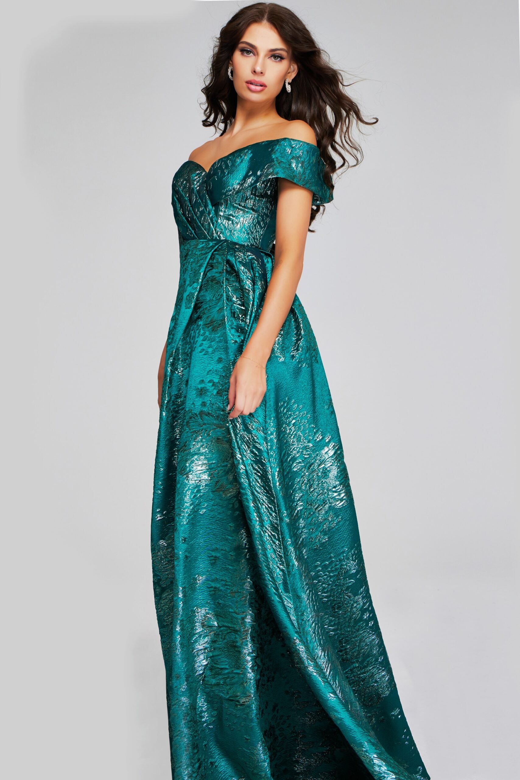 Jovani 40296 Metallic Long Ball Gown Pleated Evening Formal Dress - Green / 10 Jovani 40296 Metallic Long Ball Gown Pleated Evening Formal Dress - Green / 10