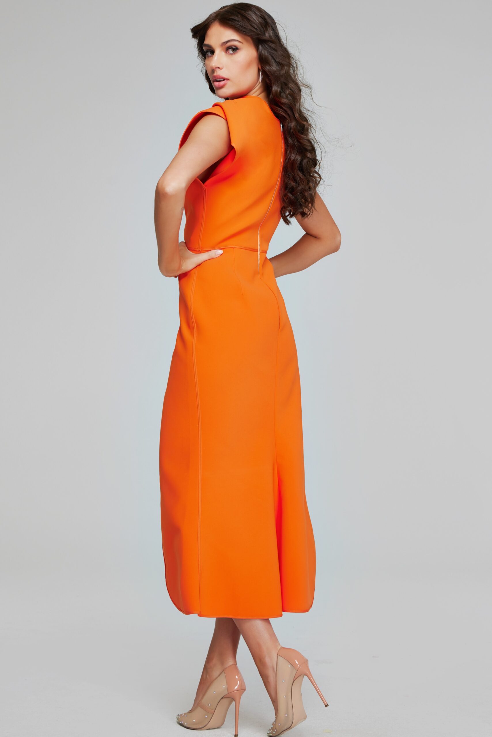 Jovani 40300 - Tea-Length Satin Column Dress - Cap Sleeves, Draped Bodice, Thin Waistband, Thigh-High Slit, Closed Back 4 / Orange - Shop Jovani