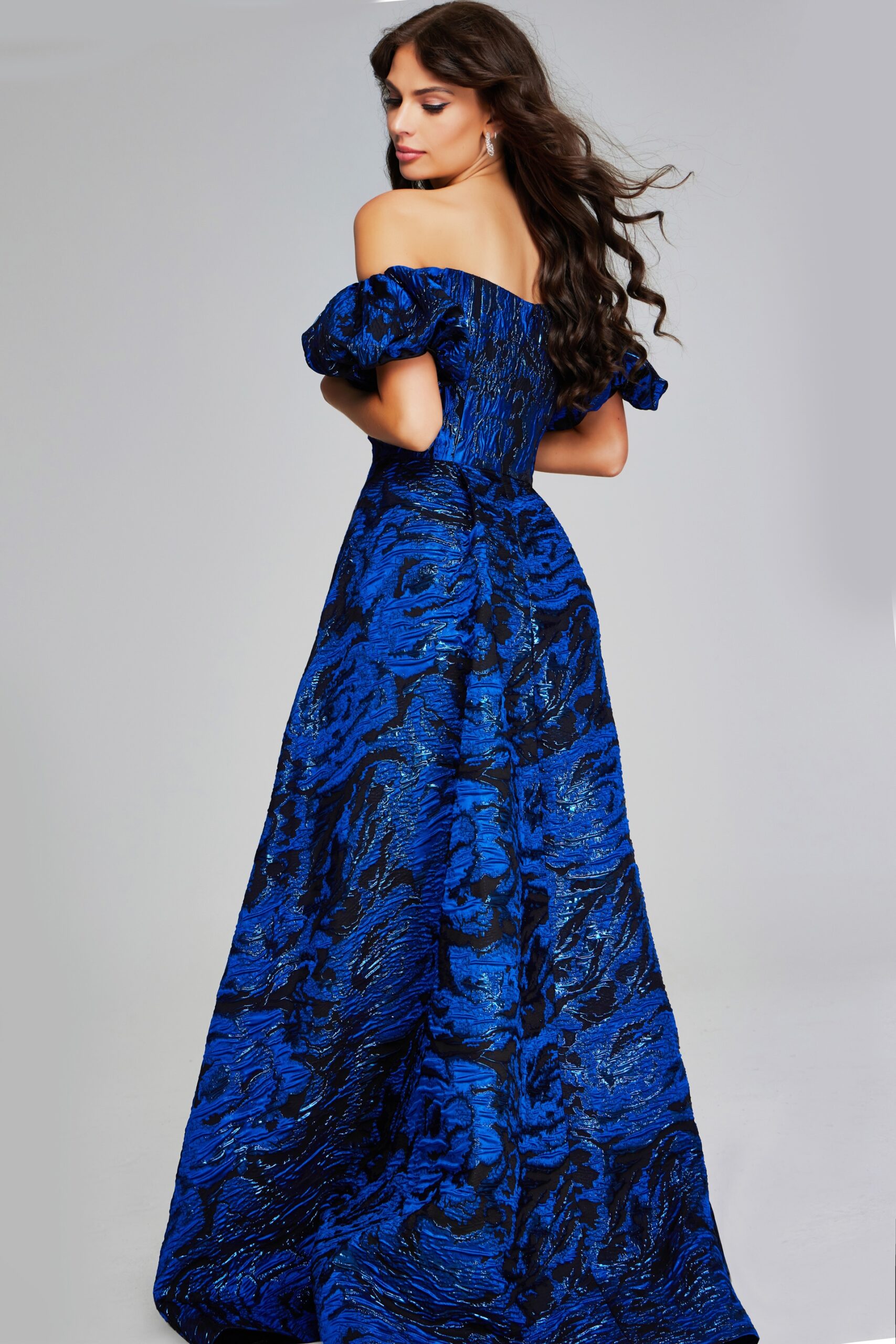 Formal Dresses Printed Long Ball Gown Metallic Formal Evening Prom Dress Royal/Black
