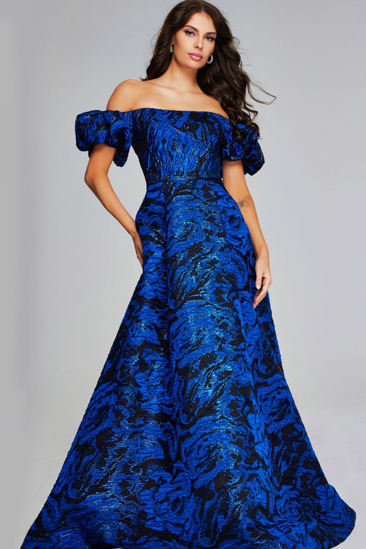 Formal Dresses Printed Long Ball Gown Metallic Formal Evening Prom Dress Royal/Black