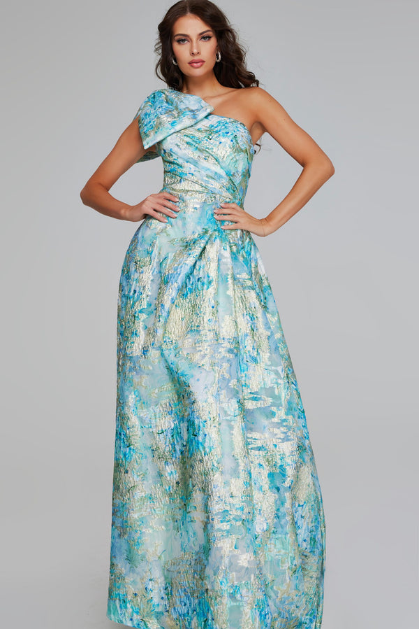 Jovani 40317  A Line Pleated Metallic Formal Long Prom Dress