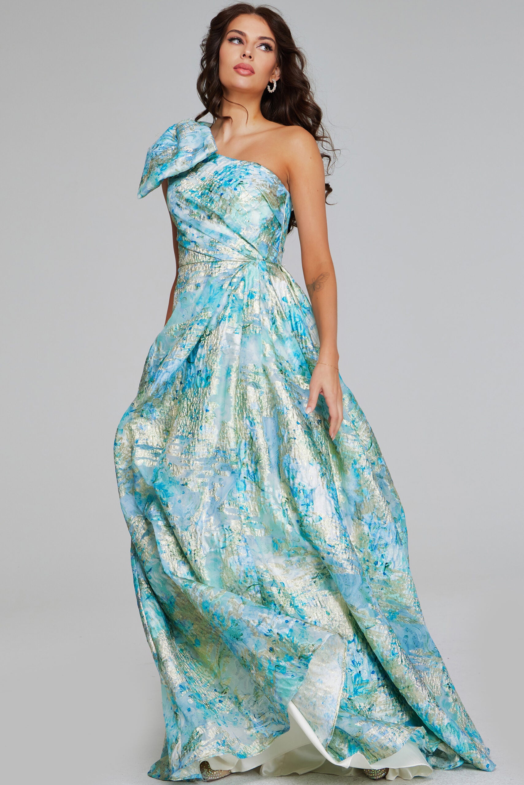 Jovani 40317  A Line Pleated Metallic Formal Long Prom Dress