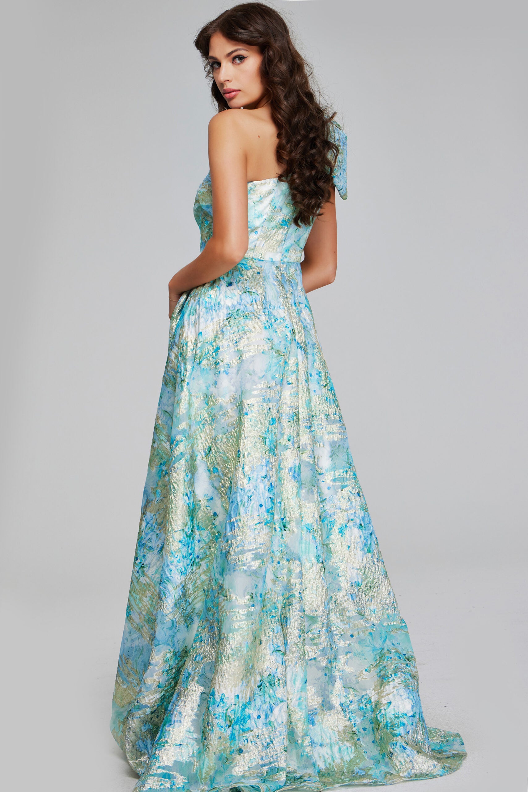 Jovani 40317  A Line Pleated Metallic Formal Long Prom Dress