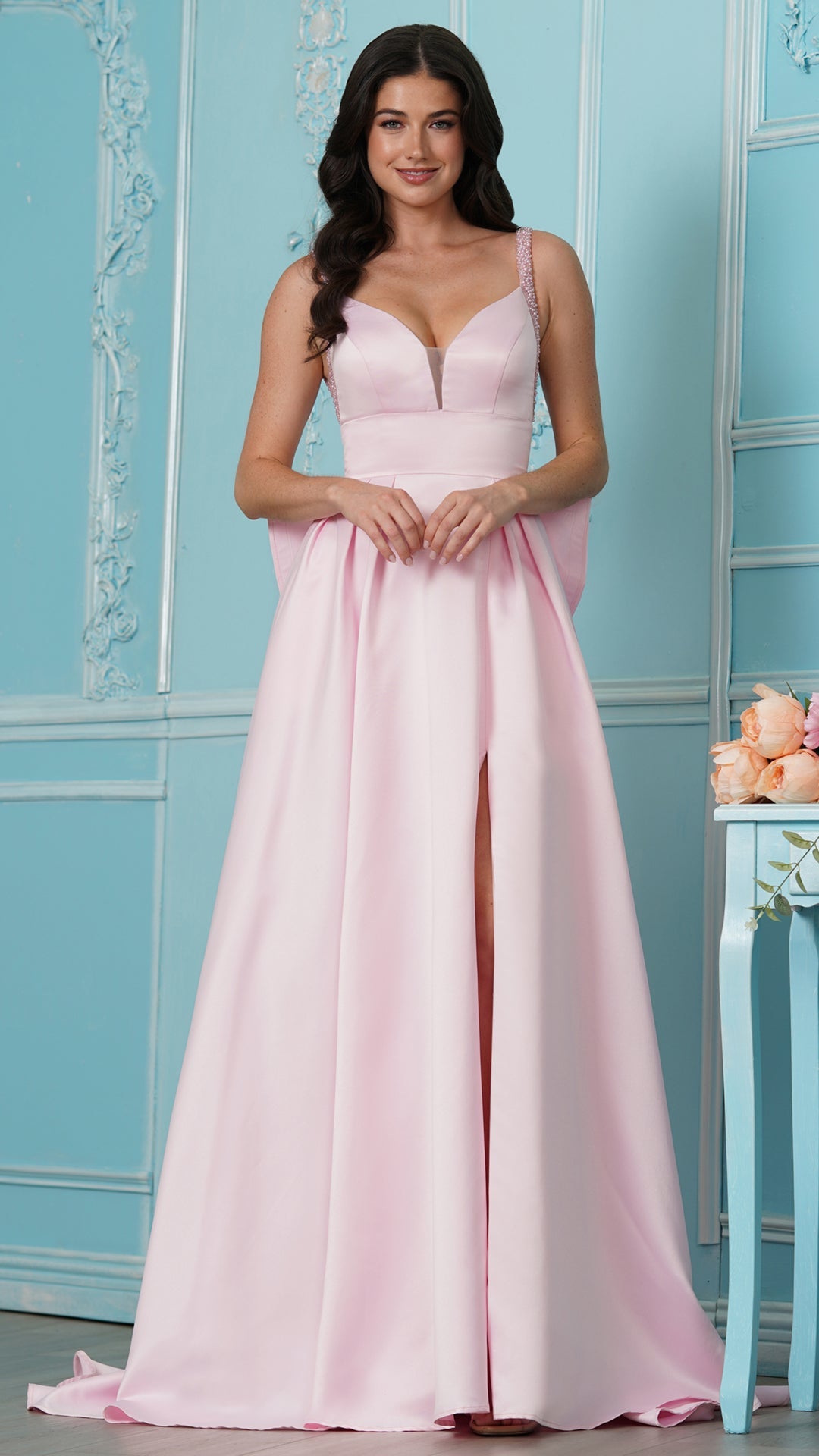 V-Neck Floor-Length Satin Occasion A-Line Colors 4037