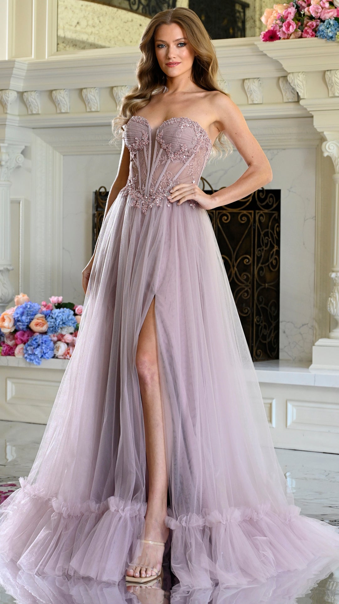 Strapless Curved Neck Floor-Length Tulle Occasion A-Line Colors 4041