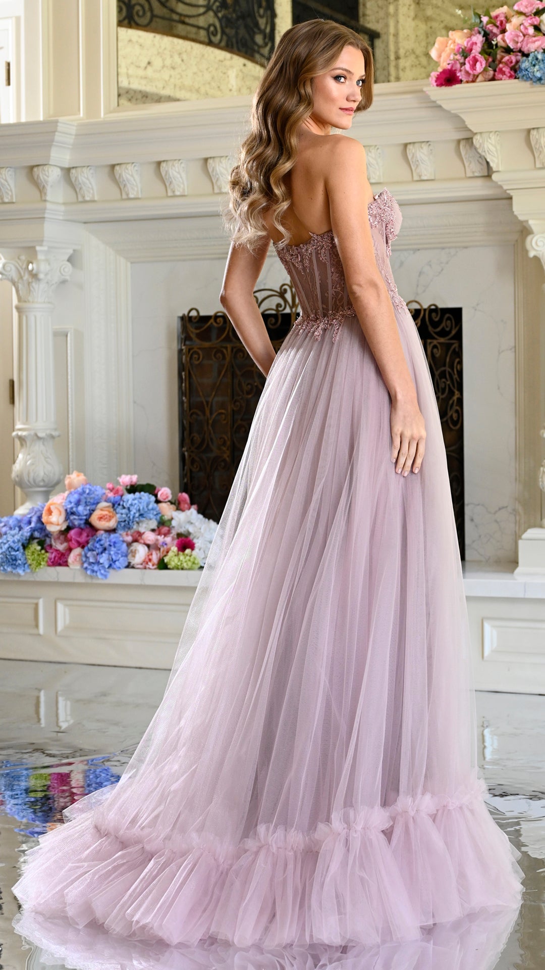 Strapless Curved Neck Floor-Length Tulle Occasion A-Line Colors 4041