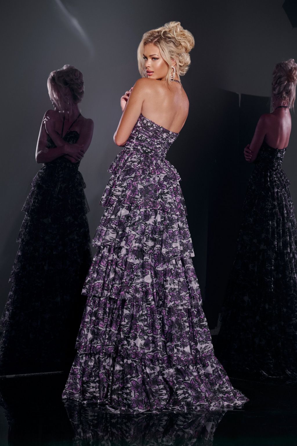 Jovani 40423 Long A Line Floral Tiered Formal Prom Dress