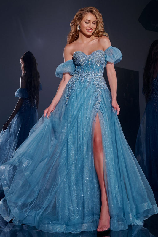 Prom Dresses Long A Line Formal Glitter Floral Applique Prom Dress Blue