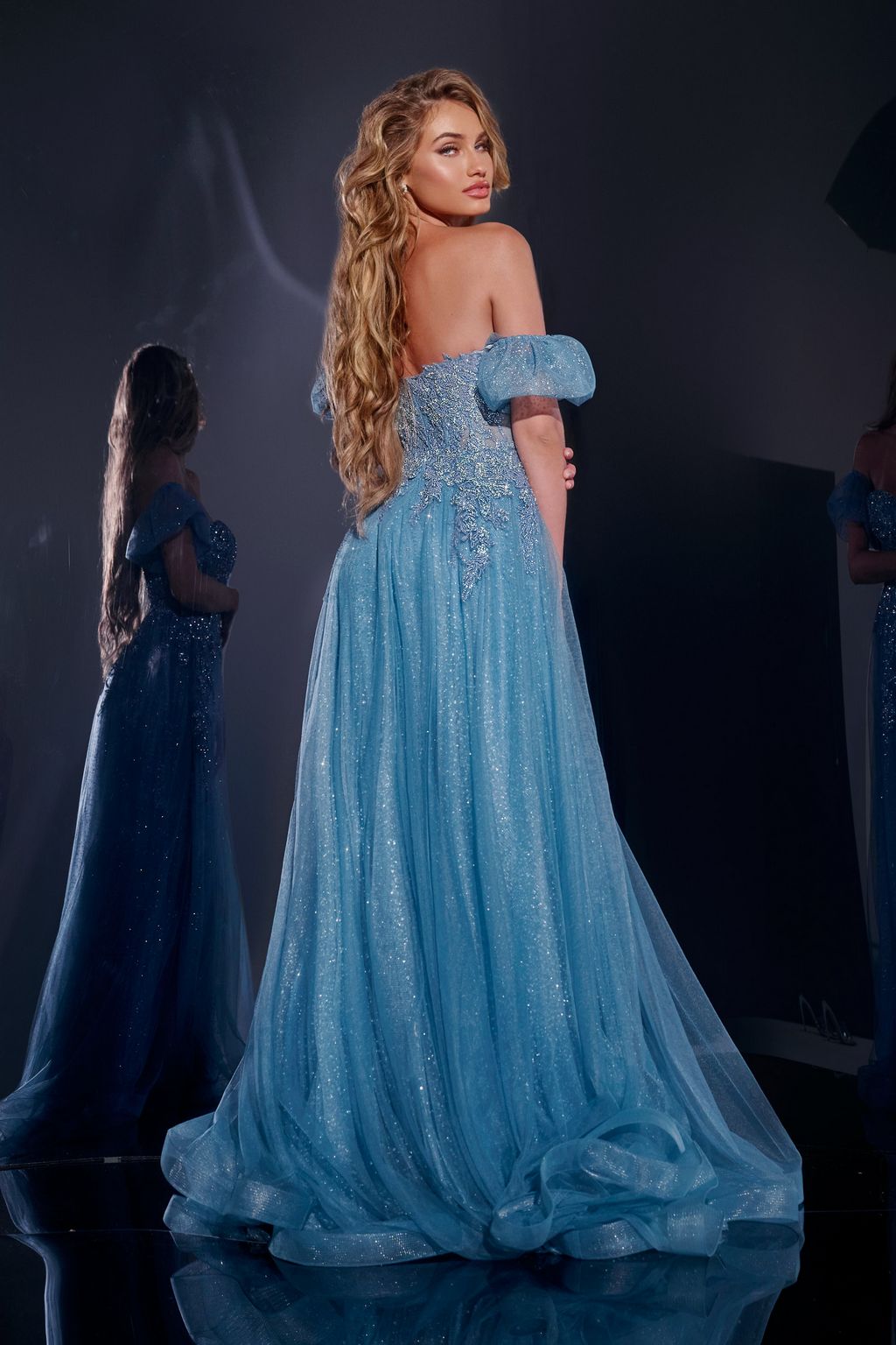 Prom Dresses Long A Line Formal Glitter Floral Applique Prom Dress Blue
