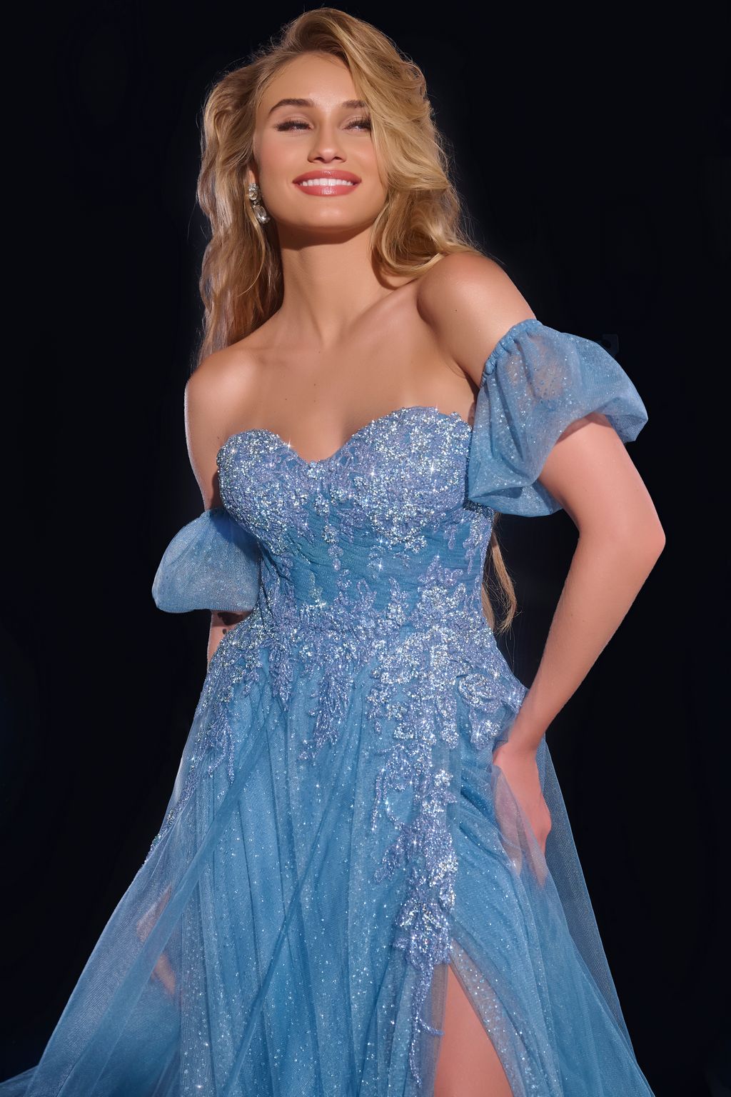 Jovani 40474 Long A Line Formal Glitter Floral Applique Prom Dress