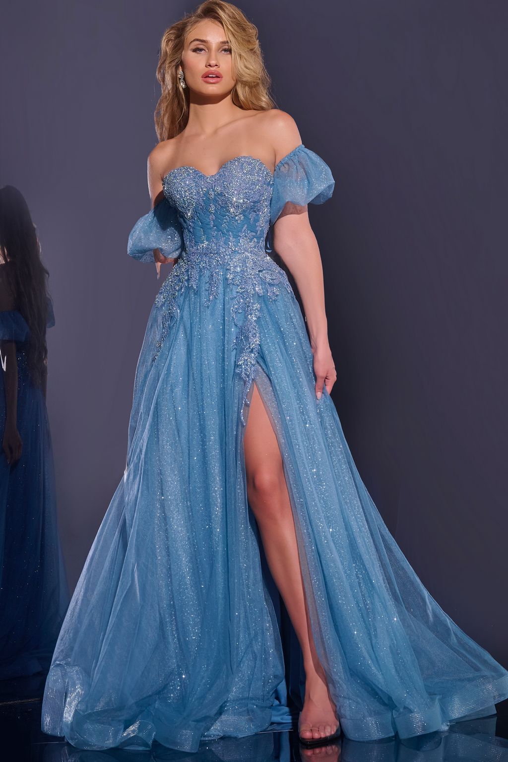 Jovani 40474 Long A Line Formal Glitter Floral Applique Prom Dress