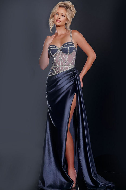 Prom Dresses Long Formal Beaded Corset Overskirt Prom Dress Navy