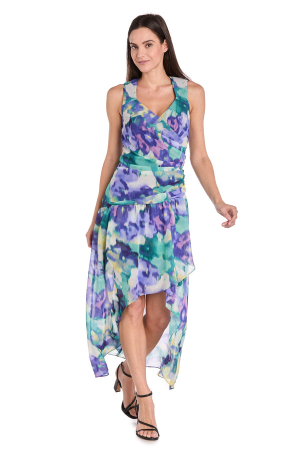 Printed High Low Pleated Dress Cocktail R&M Richards 4050