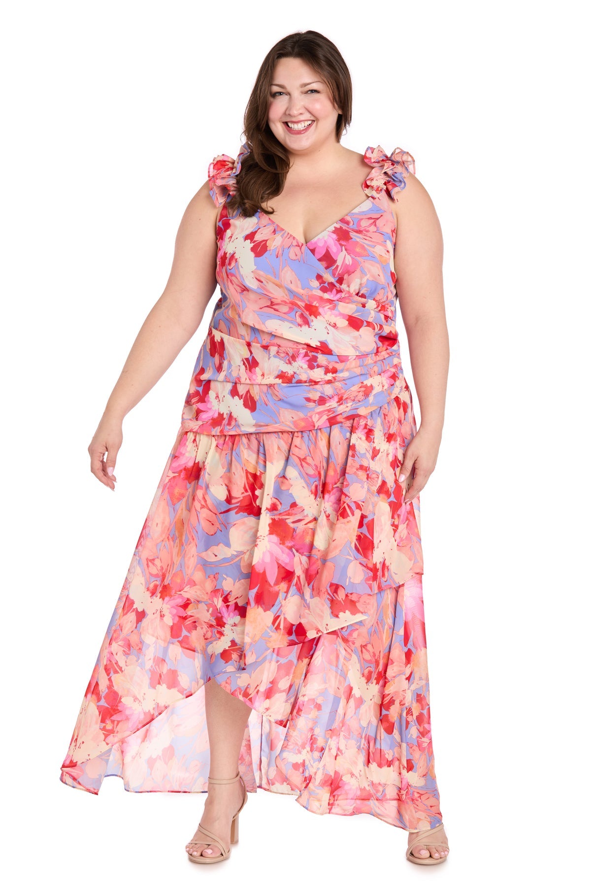 Plus Size Printed Dress High Low R&M Richards 4053W - Coral/Multi / 14W Plus Size Printed Dress High Low R&M Richards 4053W - Coral/Multi / 14W