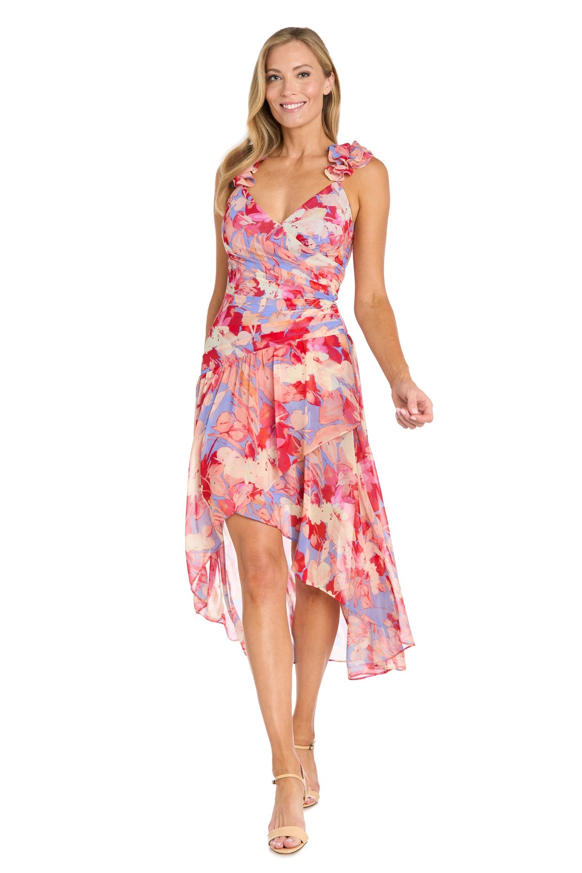 R&M Richards 4053 Pleated High Low Printed Cocktail Dress
