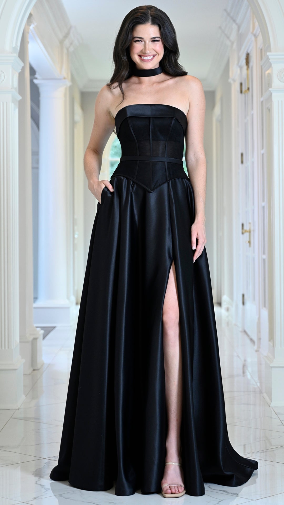 Strapless Curved Neck Floor-Length Satin Formal Ball Gown Colors 4056