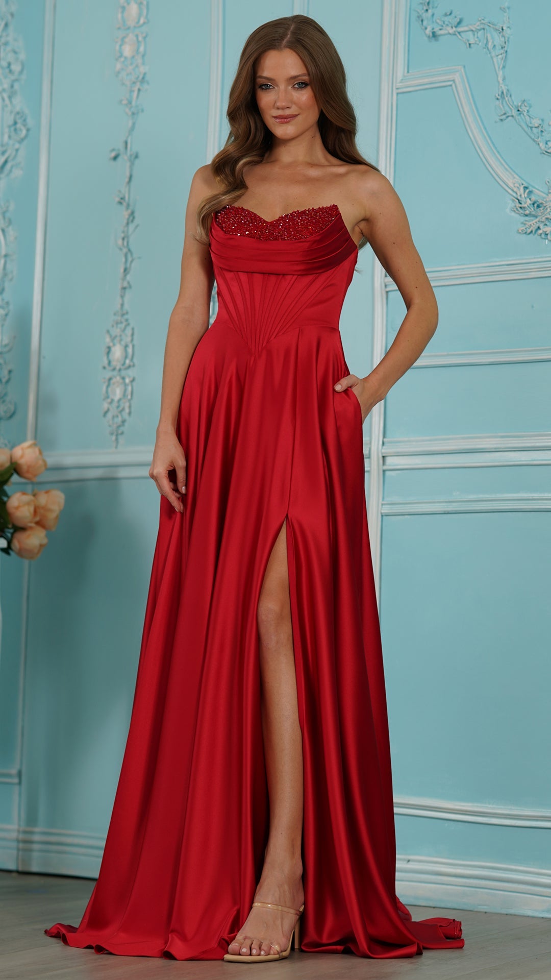 Strapless Curved Neck Floor-Length Satin Occasion A-Line Colors 4057