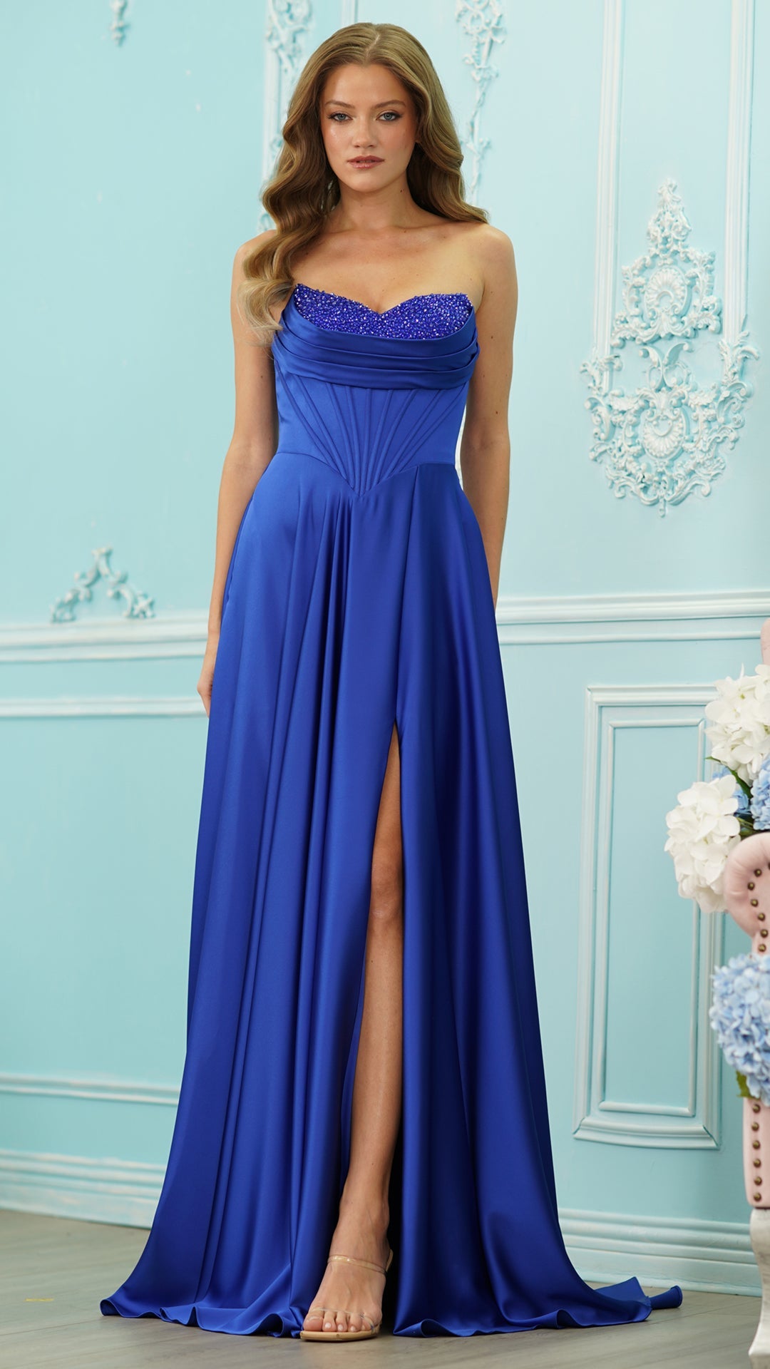 Strapless Curved Neck Floor-Length Satin Occasion A-Line Colors 4057