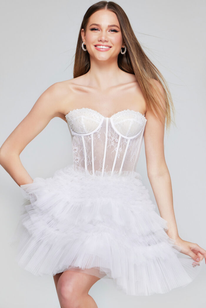Jovani 40580 Beaded Short Ruffle Lace Cocktail Dress